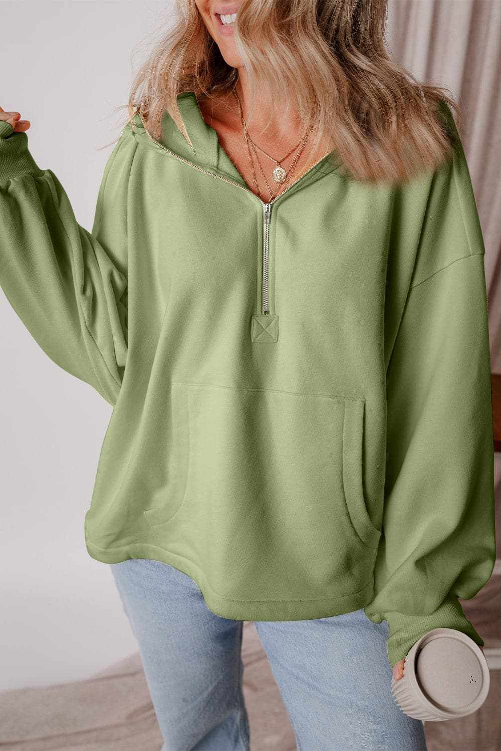 Casual half zip hoodie with pockets - Love Salve